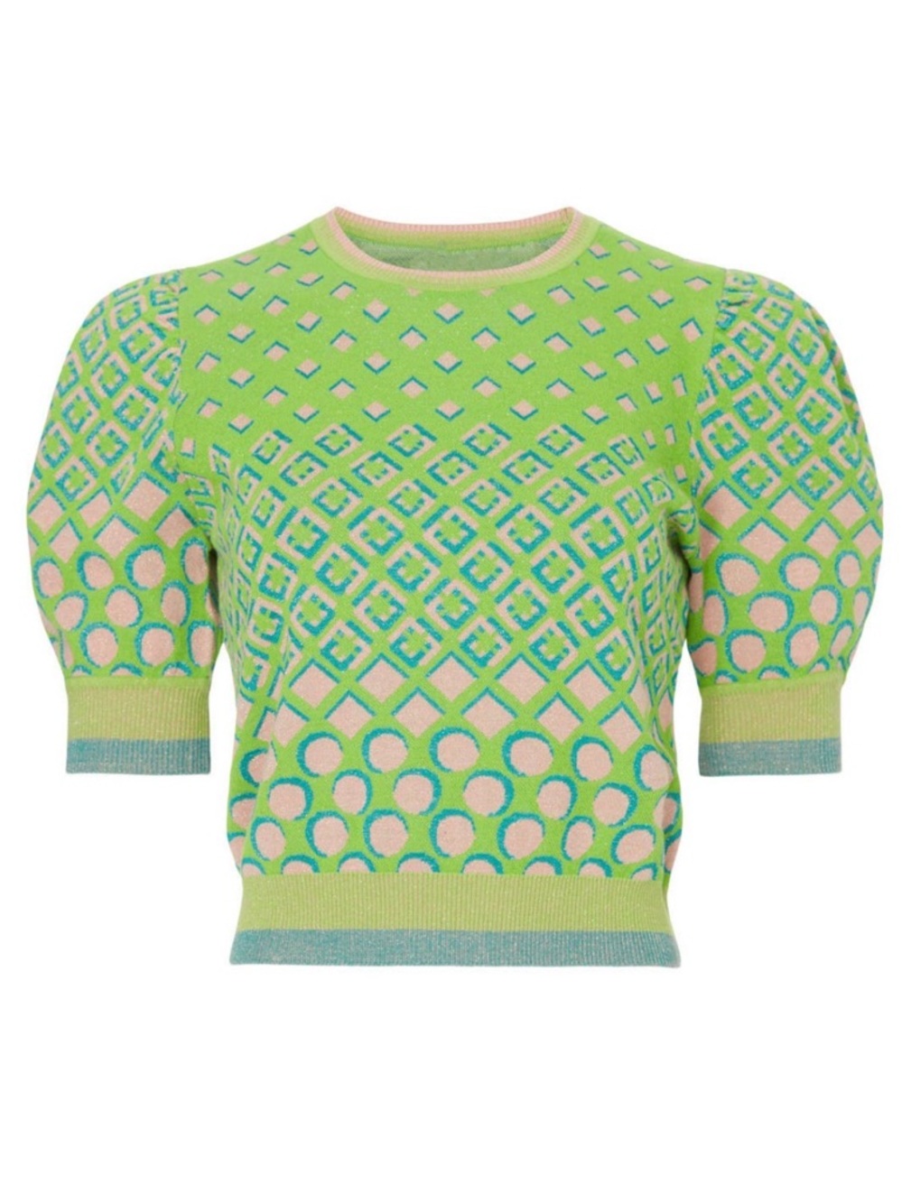 Patterned Puff-Sleeve Knit Top in Lime Green and Pink